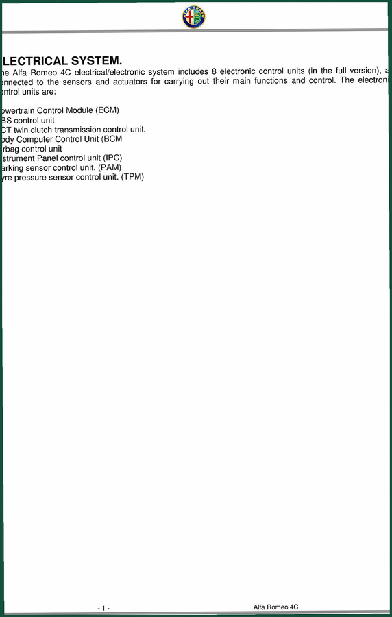 Alfa Romeo 4C Technical Manual – OEM Electrical System Data