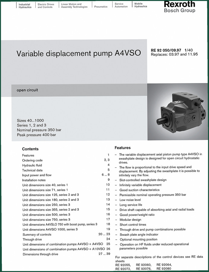 Bosch Rexroth A4VSO 1997 Technical Manual – OEM Pump Specs