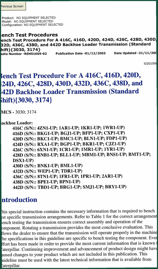 Caterpillar 416C, 416D, 420D, 428D, 426C 2003 Technical Manual – Bench Test Specs
