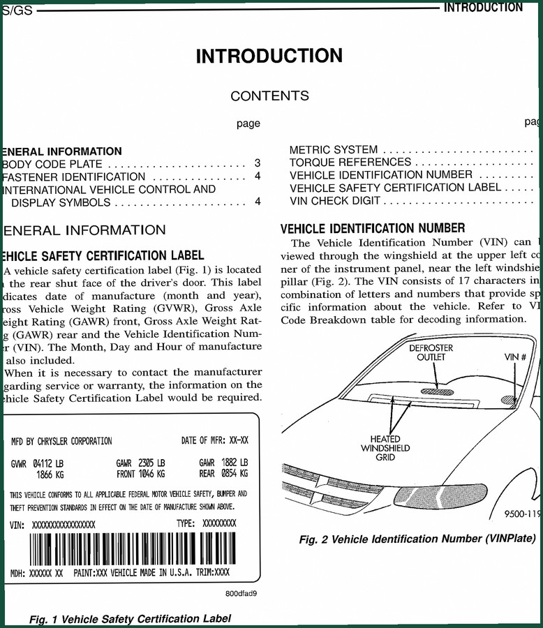 Chrysler Caravan, Voyager Technical Manual – Factory VIN & Torque Specs