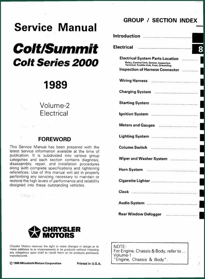 Chrysler Colt, Summit 1988 Service Manual – 328 Pages of Factory Specifications