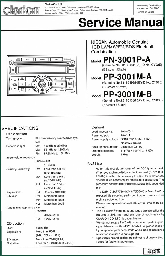Clarion PN-3001P-A, PP-3001M-A, PP-3001M-B 2007 Service Manual – 28 Pages OEM Specs