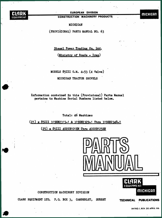 Clark-hurth 85III 1965 Parts Catalog – Factory Parts Manual for 85III Tractor Shovels