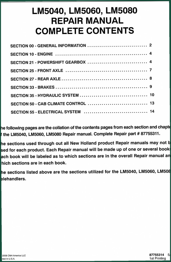 CNH America LM5040, LM5060, LM5080 2008 Repair Manual – 498 Pages