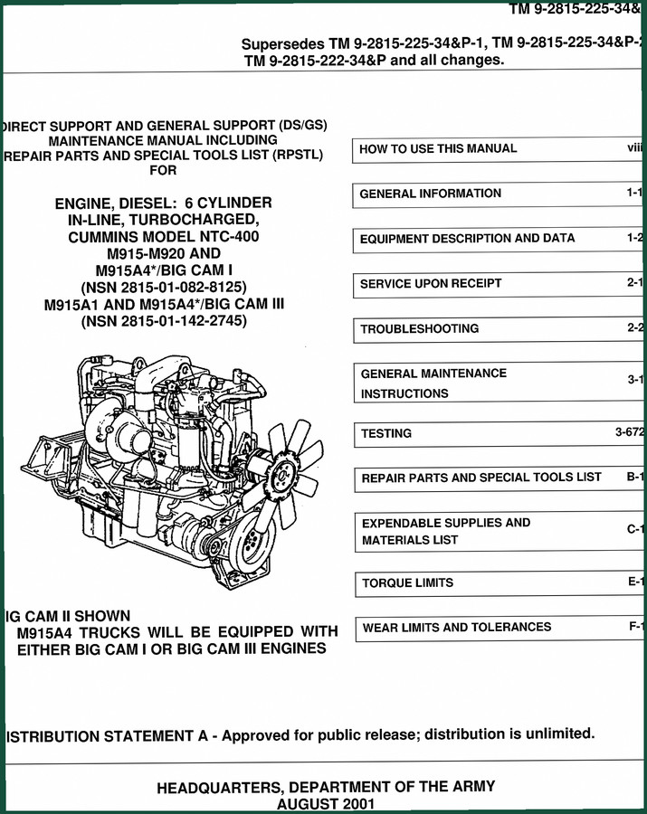 Cummins M915 M915A1 M915A4 M920 Big Cam III 2001 Service Manual 940p