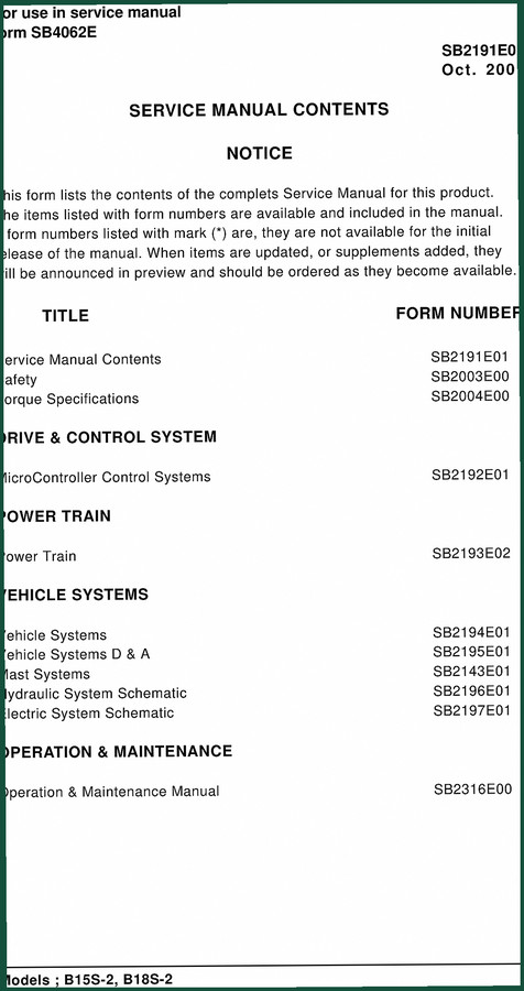 Daewoo B15S-2, B18S-2 2001 Service Manual – Factory OEM Specifications