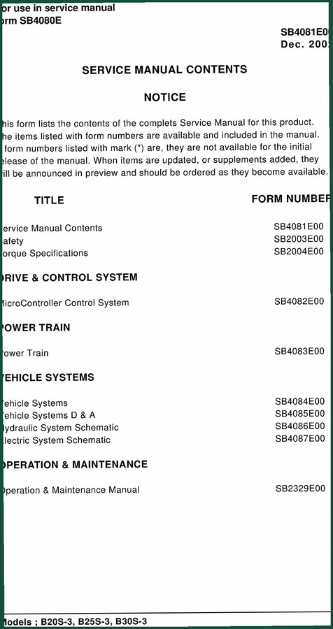 Daewoo B20S-3, B25S-3, B30S-3 2002 Service Manual – Factory-Certified Repair Data