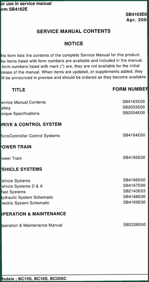 Daewoo BC15S BC18S BC20SC 2004 Service Manual – Factory Specs