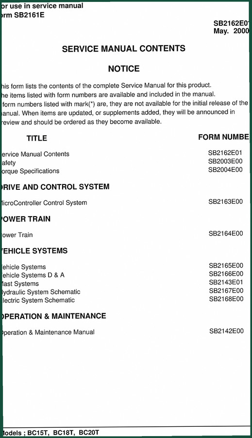 Daewoo BC15T, BC18T, BC20T 2000 Service Manual – 415 Pages