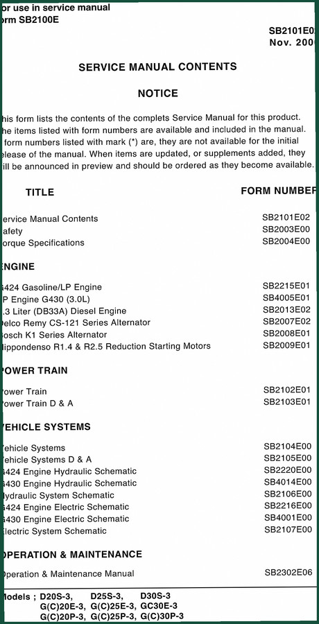 Daewoo D20S, D25S, D30S, G(C)20E, G(C)25E 2000 Service Manual – 1041 Pages