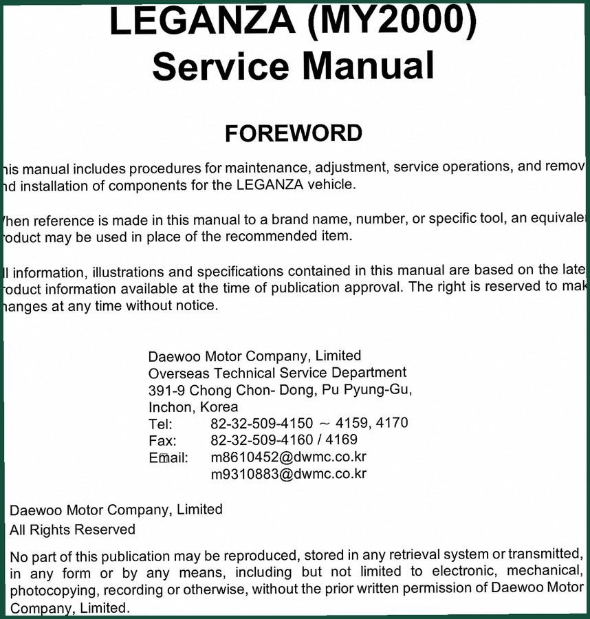 Daewoo Leganza 2000 Service Manual – Factory Repair Data (2487 Pages)