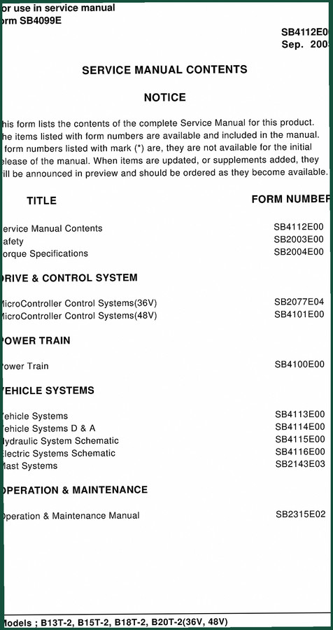 Doosan B13T-2, B15T-2, B20T-2 2003 Service Manual – 648 Pages