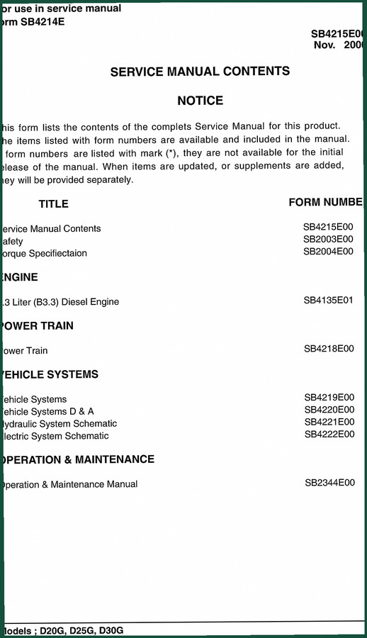 Doosan D20G, D25G, D30G 2006 Service Manual – Factory Specs