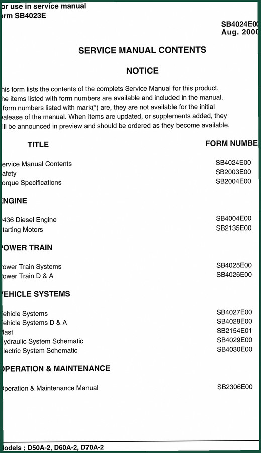 Doosan D50A-2, D60A-2, D70A-2 2000 Service Manual – Factory Specs