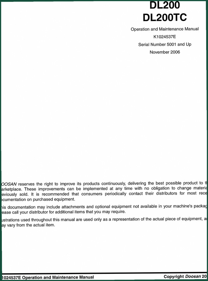 Doosan DL200 & DL200TC 2006 Operators Manual – OEM Specs