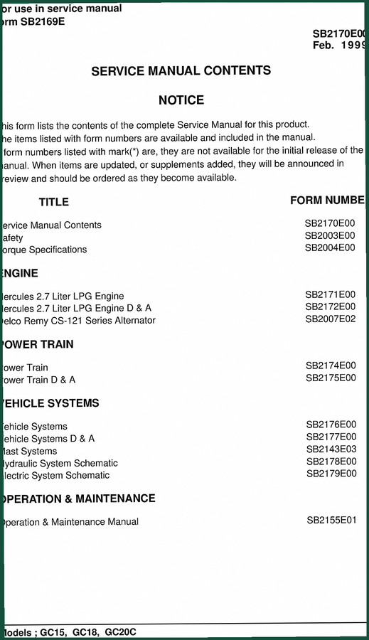 Doosan GC15, GC18, GC20C 1999 Service Manual - 489 Pages Factory Specs
