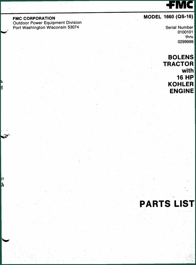 FMC Bolens 1660 Parts Catalog – OEM Parts List for 16 HP Tractor