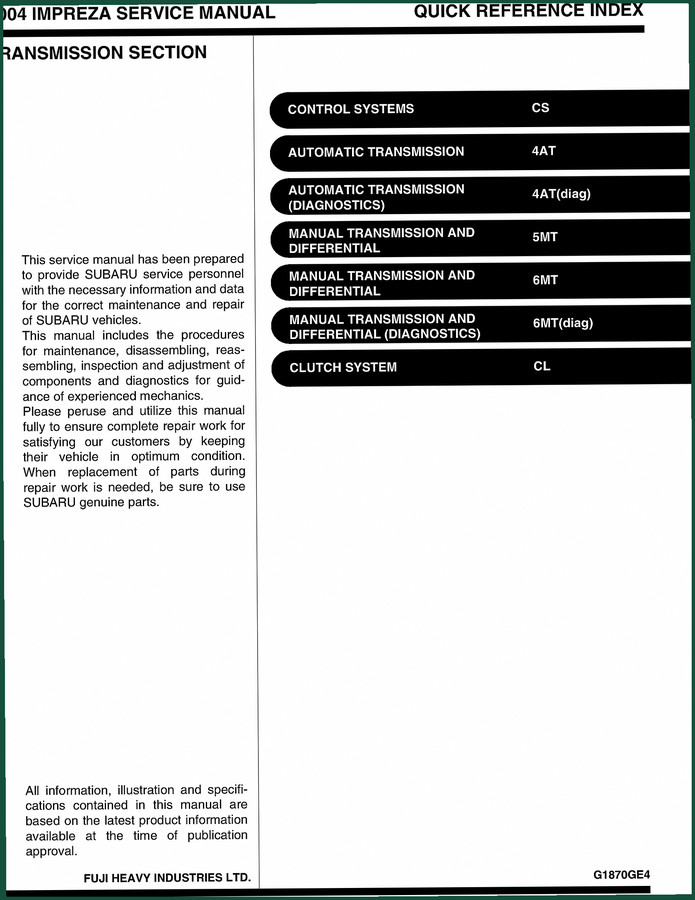 FUJI Heavy IMPREZA 2004 Service Manual – 67 Pages OEM Specs