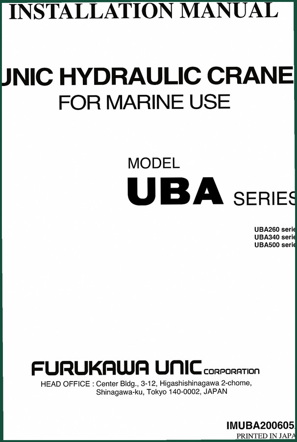Furukawa Unic UBA260 Installation Manual – Factory Crane Specs