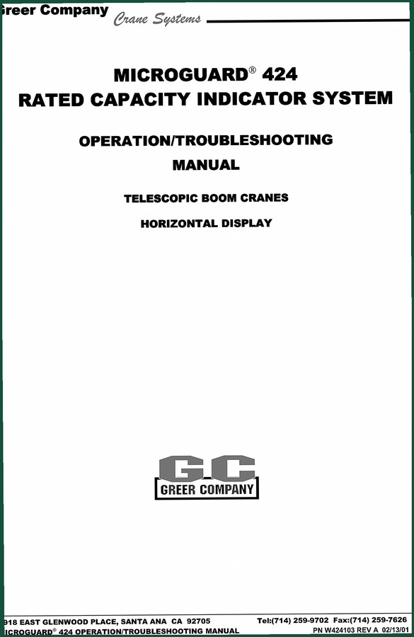 Greer 424 1999 Diagnostics Manual – OEM Calibration & Fault Codes