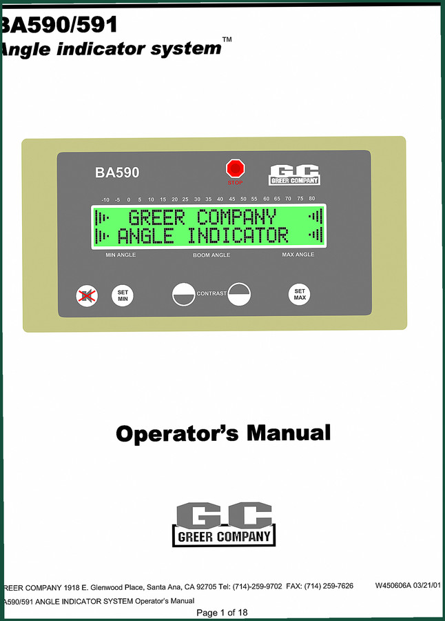 Greer BA590 BA591 2001 Operators Manual – Angel Indicator System