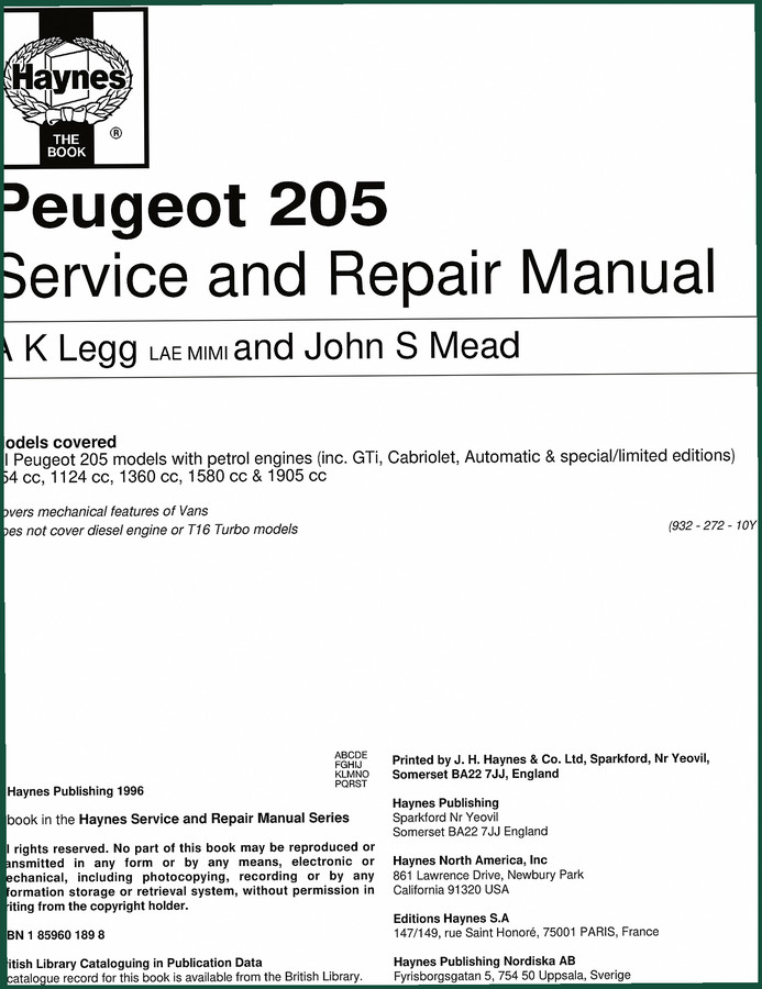 Haynes 205 1996 Repair Manual – Factory-Based Service for Peugeot 205 Petrol