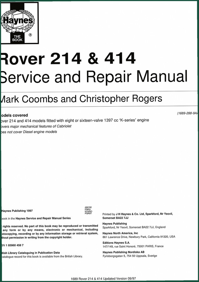 Haynes 214, 414 1997 Repair Manual – Factory-Derived K-Series Engine Service