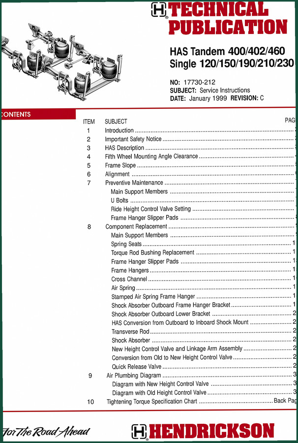 Hendrickson HAS Tandem, HAS Single 1999 Service Manual – Factory Specs