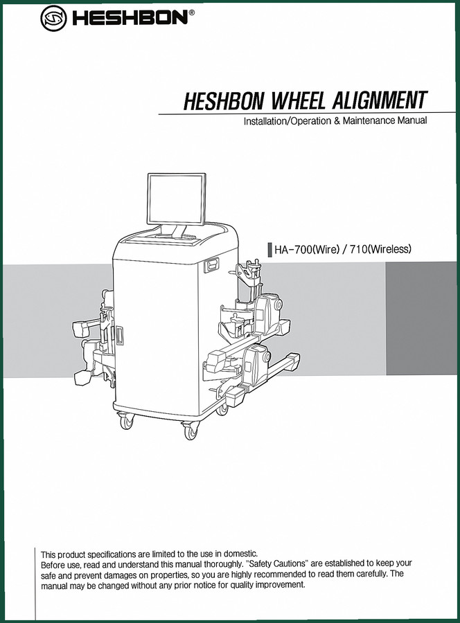 Heshbon HA-700, 710 2009 Installation Manual – Factory Wheel Alignment Specs