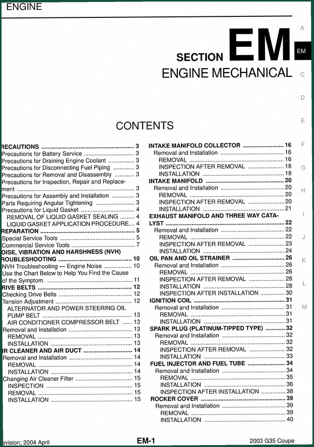 Infinity G35 2003 Service Manual – Factory-Certified Engine Mechanical Procedures