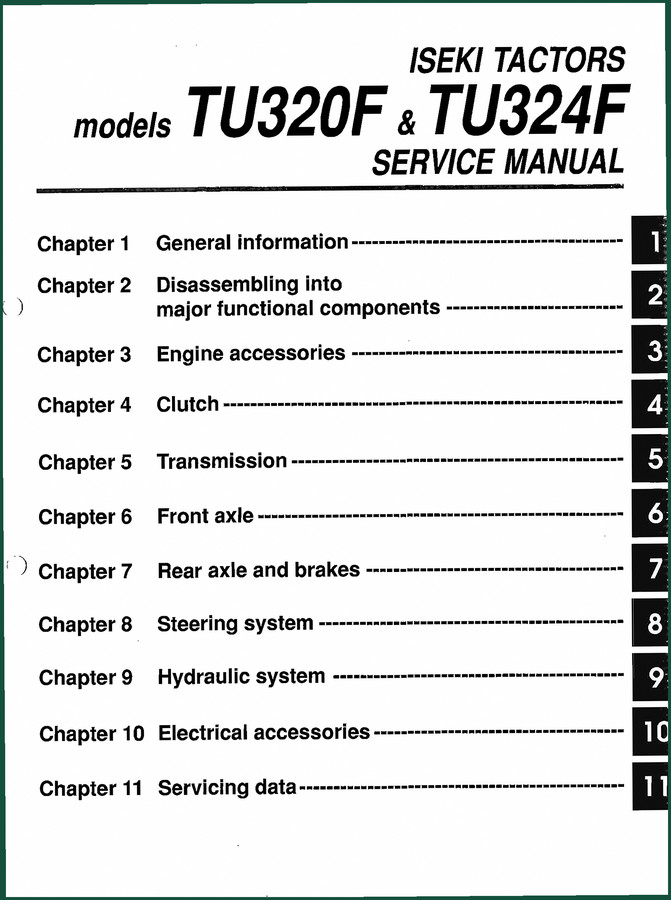 Iseki Tractors TU320F, TU324F Service Manual – 216 Pages OEM Specs