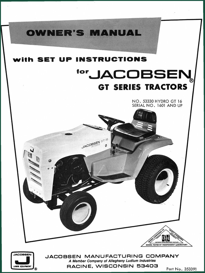 Jacobsen GT 16 HYDRO Operators Manual – 20-Page OEM Specs