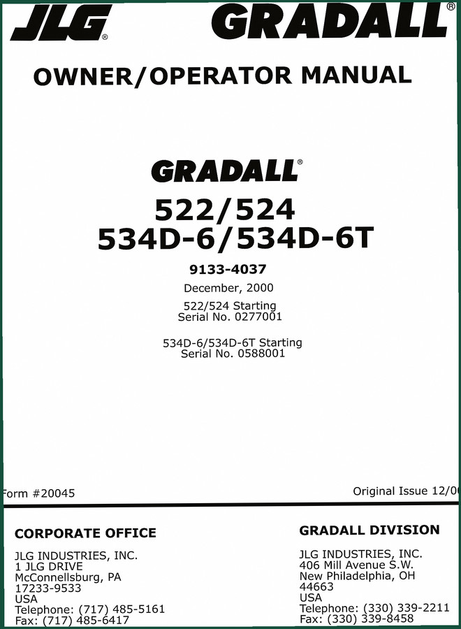 JLG 534D-6, 534D-6T, 522, 524 2000 Operators Manual – OEM Specs