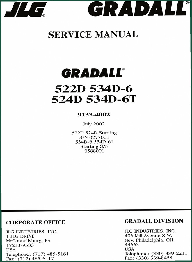 JLG 522D, 534D-6, 524D, 534D-6T 2002 Service Manual – Factory Specs