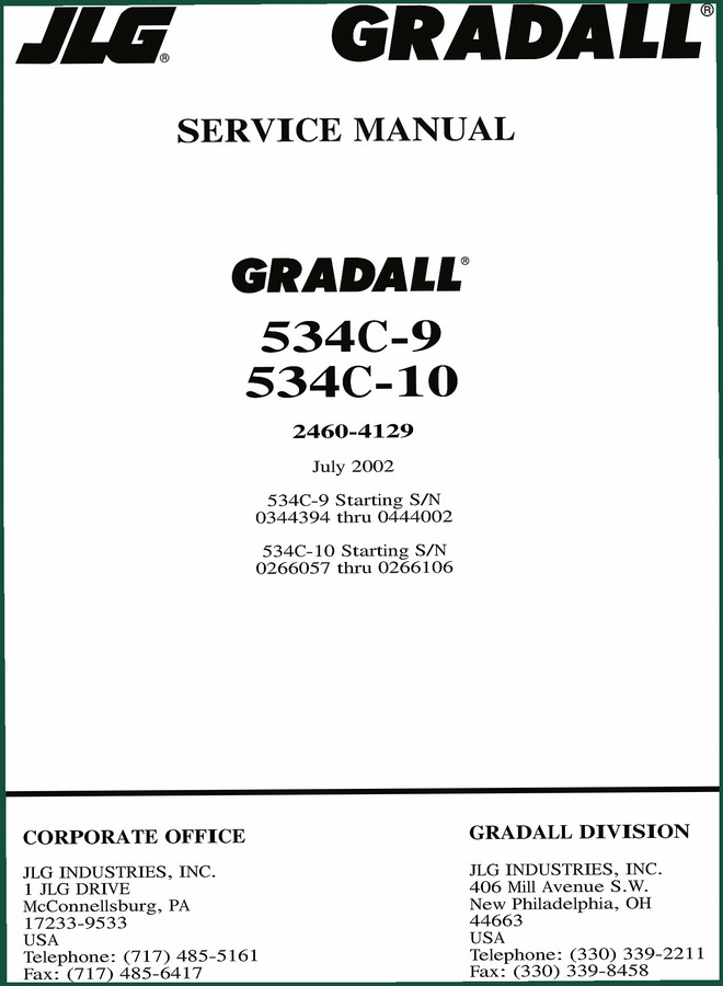 JLG 534C-9, 534C-10 2002 Service Manual – Factory Specs