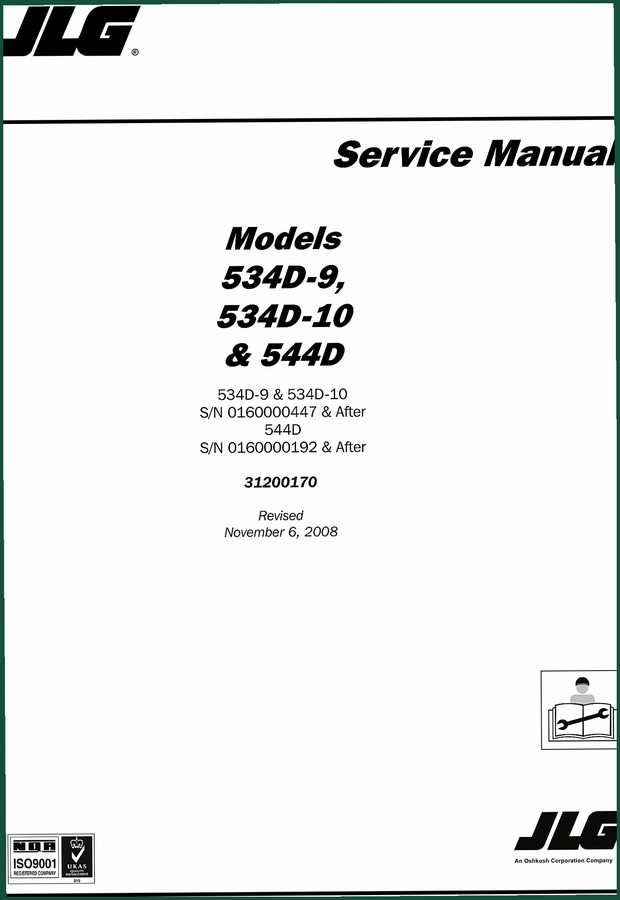 JLG 544D, 534D-9, 534D-10 2008 Service Manual – Factory Specs for Boom & Drivetrain