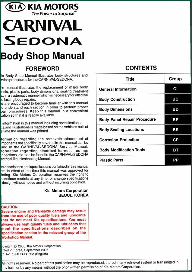 KIA Motors CARNIVAL, SEDONA 2005 Workshop Manual – Body Shop