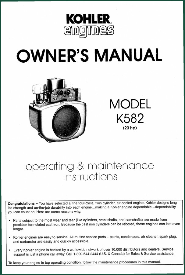 Kohler K582 User Manual – 16 Pages Factory Engine Specs
