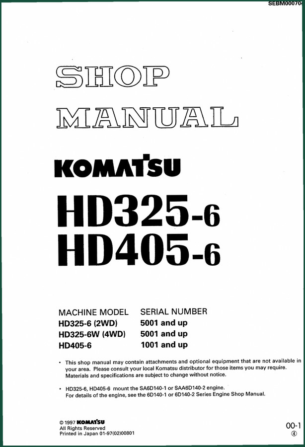 Komatsu HD325-6, HD325-6W, HD405-6 1997 Workshop Manual