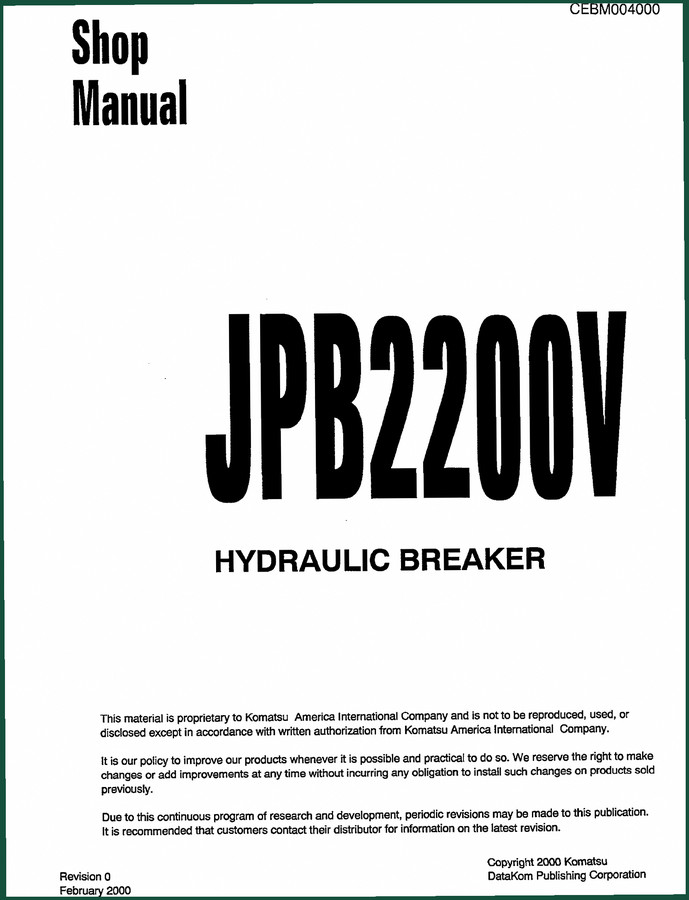 Komatsu JPB2200V 2000 Service Manual – 41 Pages of Factory Specs