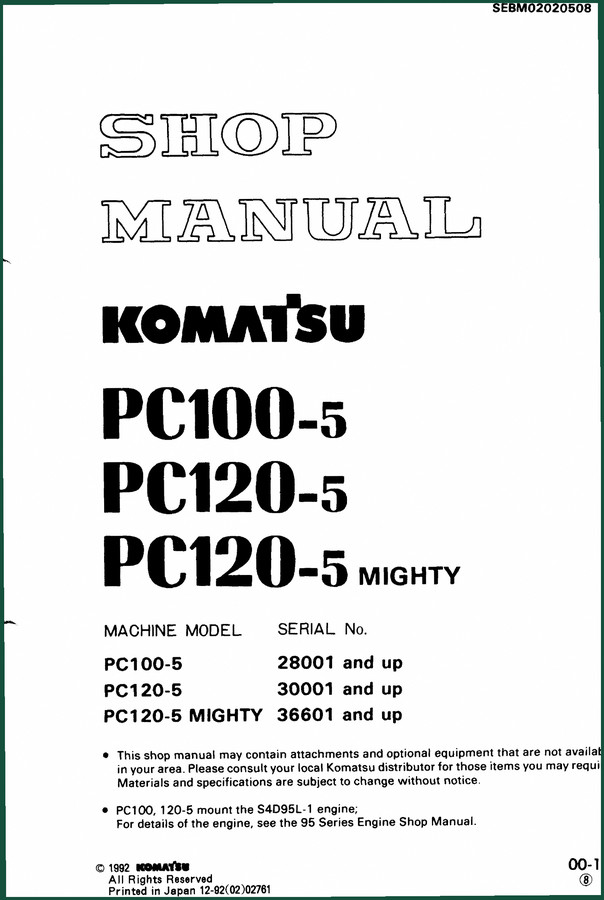 Komatsu PC100-5, PC120-5, PC120-5 MIGHTY 1992 Workshop Manual – 644 Pages of Factory Specs