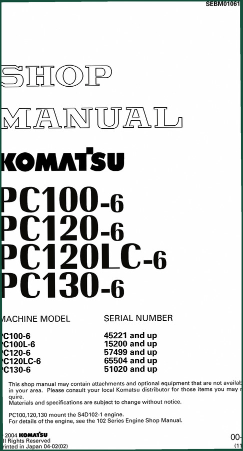 Komatsu PC100-6 PC120-6 2000 Workshop Manual – Factory Specs