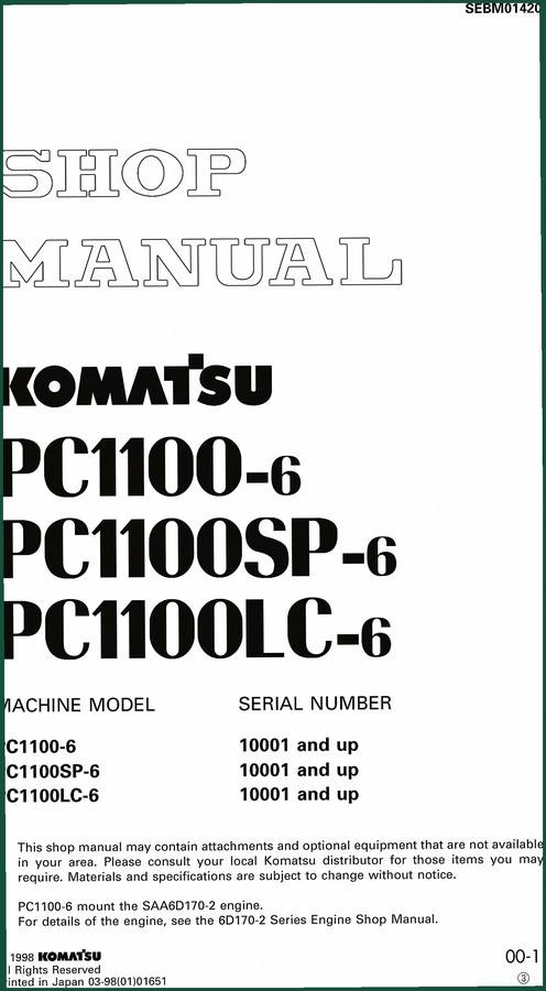 Komatsu PC1100-6, PC1100SP-6, PC1100LC-6 2002 Workshop Manual – 885 Pages