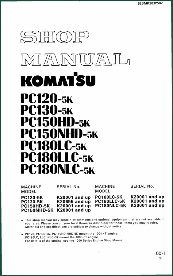 Komatsu PC120-5K Workshop Manual – 646 Pages Factory Specs