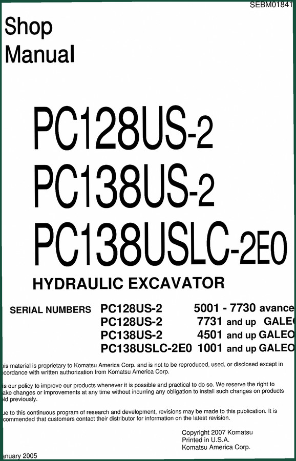 Komatsu PC128US-2 PC138US-2 PC138USLC-2E0 2007 Workshop Manual