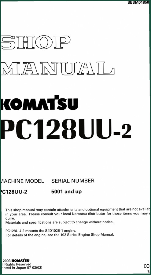 Komatsu PC128UU-2 2003 Workshop Manual – Factory Specs