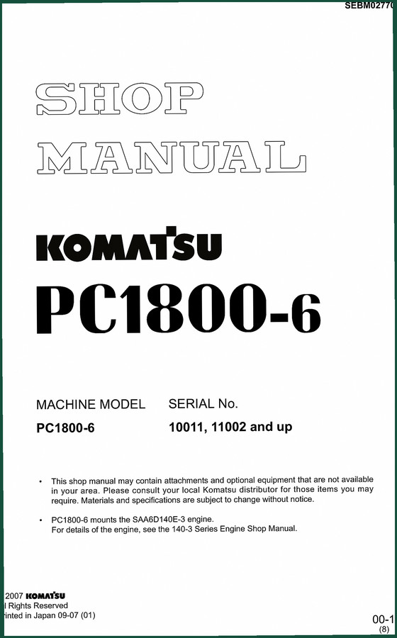 Komatsu PC1800-6 2004 Workshop Manual – 955 Pages Factory Specs