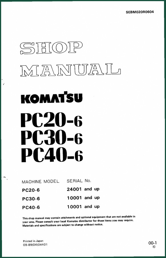 Komatsu PC40-6, PC20-6, PC30-6 Workshop Manual – 345 Pages