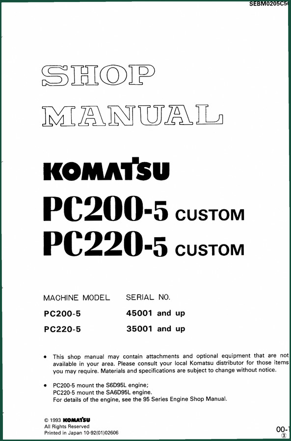 Komatsu PC200-5, PC220-5 1993 Workshop Manual – OEM Factory Specs