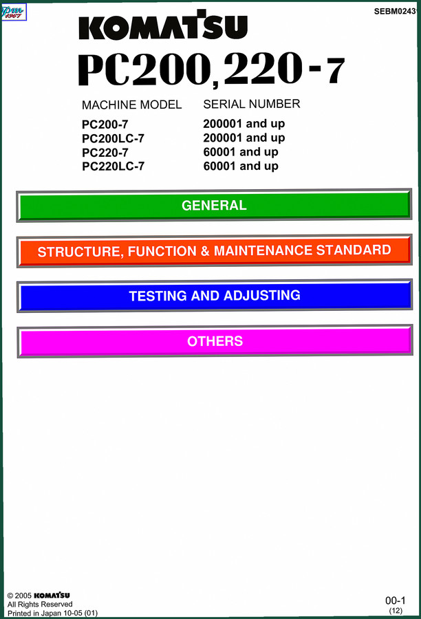 Komatsu PC200-7 PC220-7 2005 Technical Manual – 573 Pages – AutoFix Global